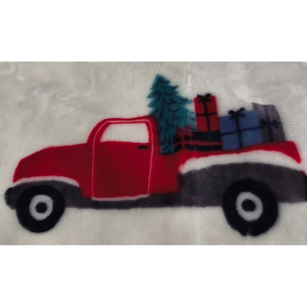 Velvet Berber Throw, White w/Multicolor Trucks‎ and Christmas Trees, SUPER SOFT